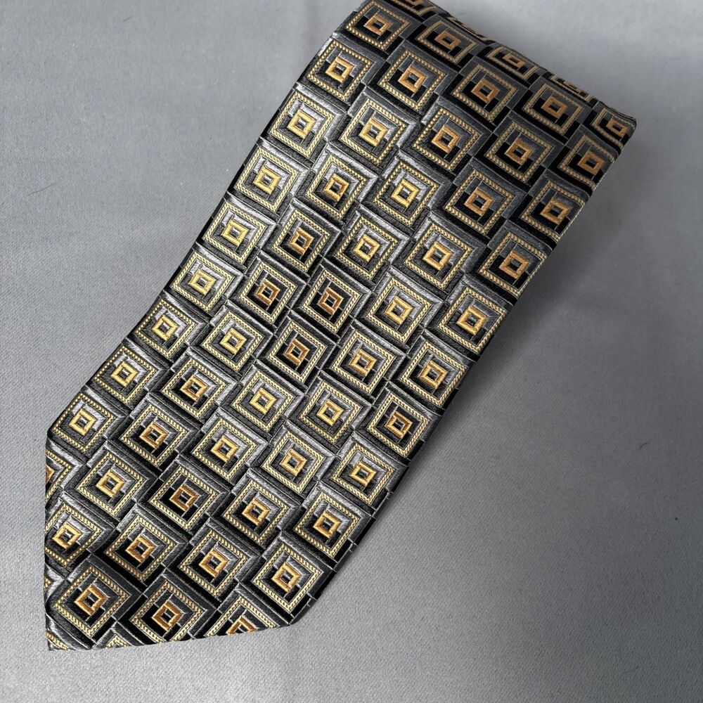 Xmi Nordstrom Tie Silk Jacquard Squares Black Silver Orange L:58" W:3.75"